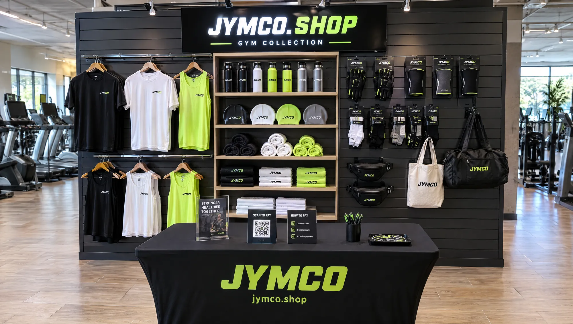 The JYMCO.SHOP gym collection wall: tees, tanks, bottles, swim caps, towels, gloves, sleeves and bags behind a JYMCO table with a scan-to-pay sign