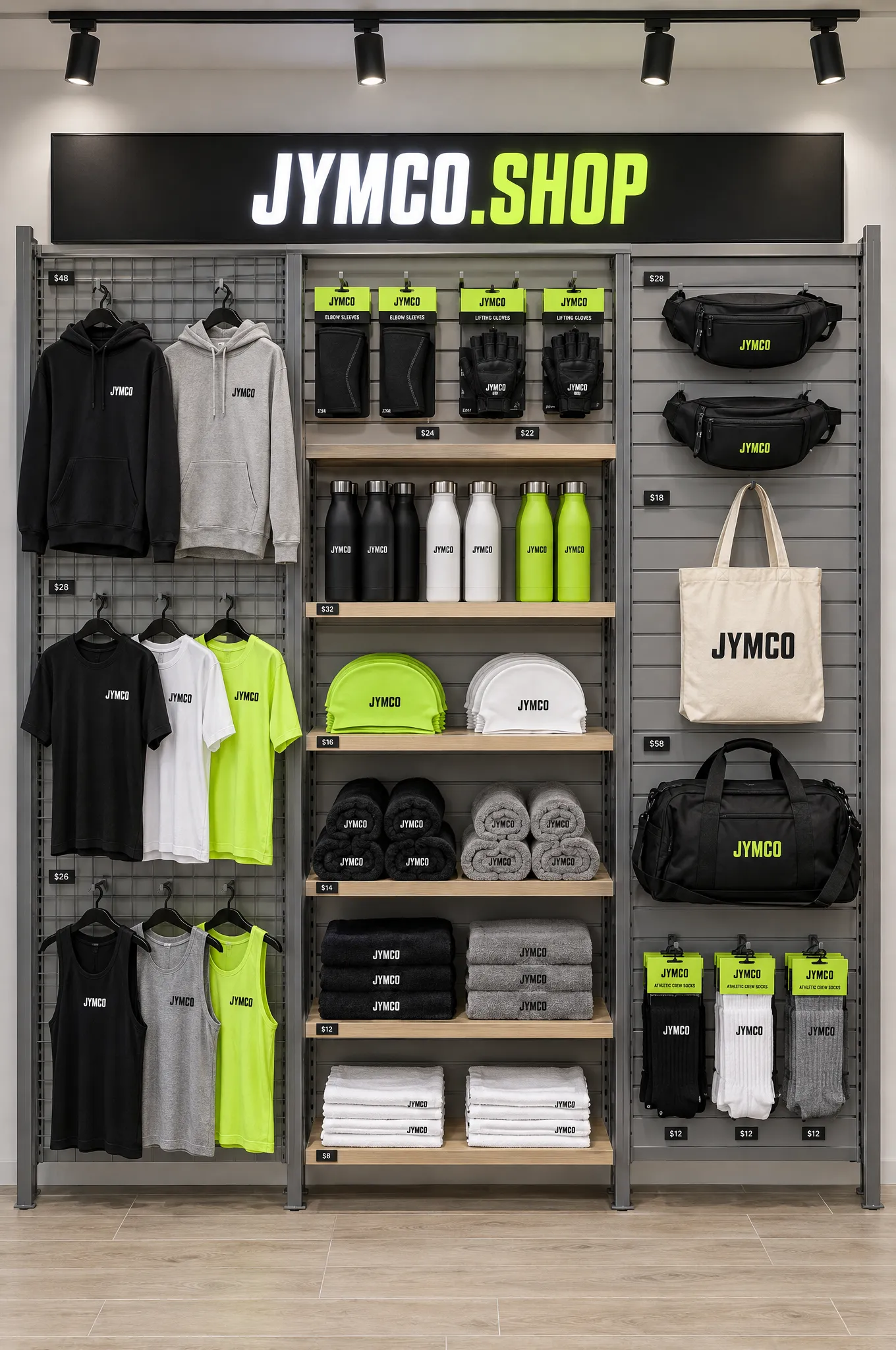 JYMCO.SHOP wall with hoodies, tees, tanks, bottles, swim caps, towels, gloves, sleeves, socks and bags